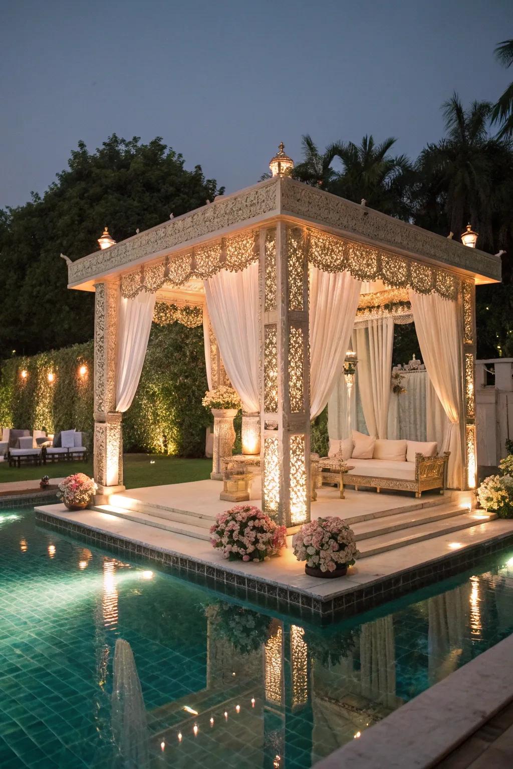 A drifting mandap atop water fashions a breathtaking spectacle.