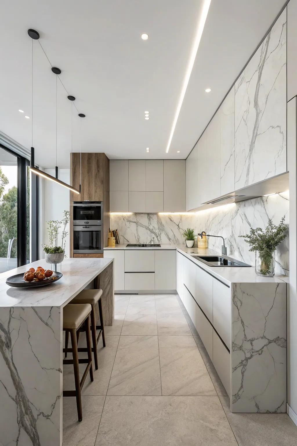 A sleek kitchen featuring a flat finish marble backsplash.