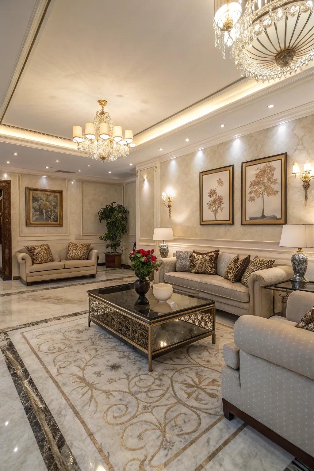 Textured stone adds depth and luxury.