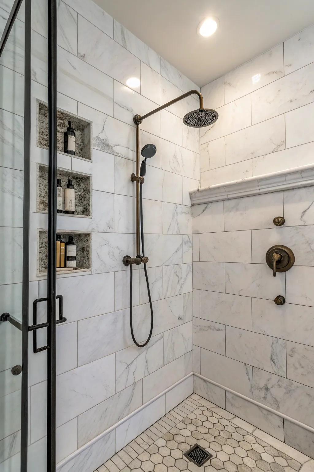 Industrial elements add a modern edge to marble showers.