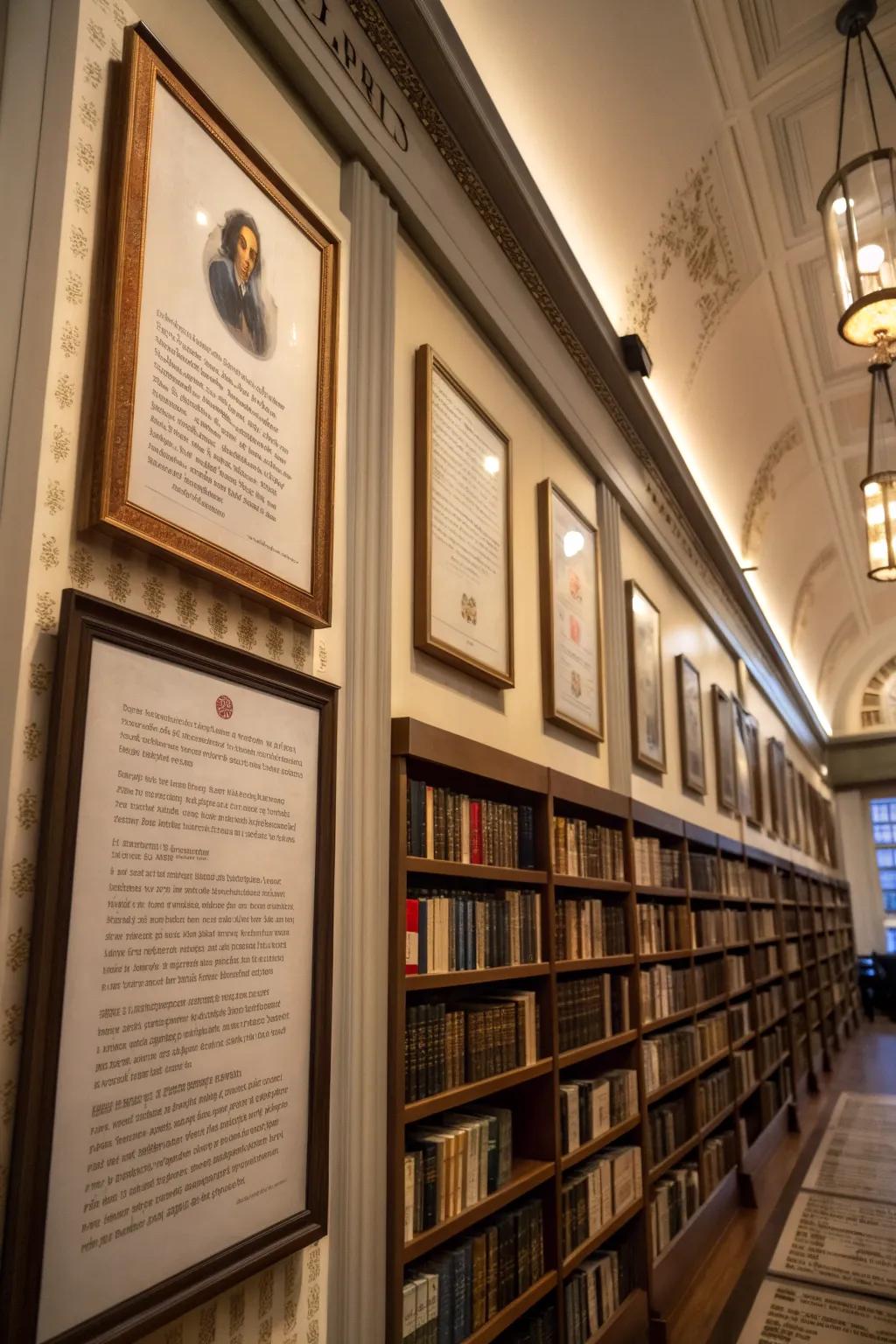 A wall adorned with inspirational quotes from famous authors, accompanied by their books.