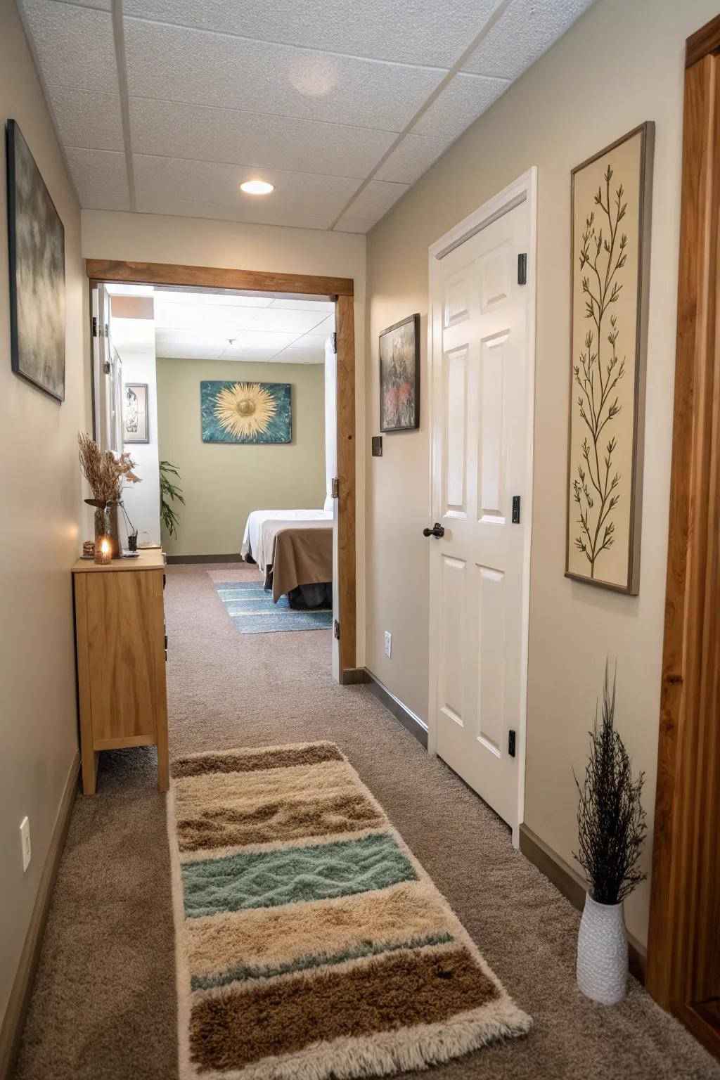 A welcoming entryway with soft decor greets clients in this massage room.