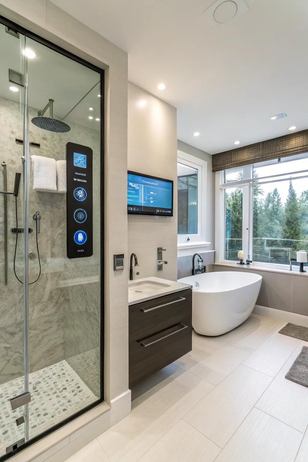 Intelligent technology integrates a contemporary and convenient element to this primary bathroom.