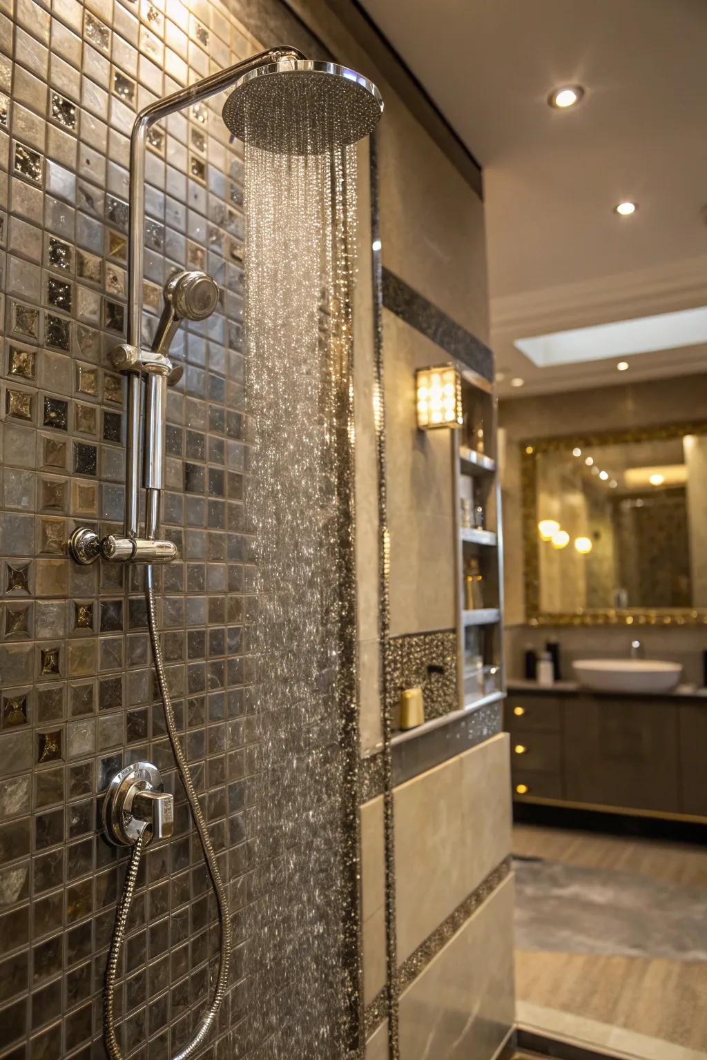 A shower showcasing metal highlight tiles for added elegance and glamour.