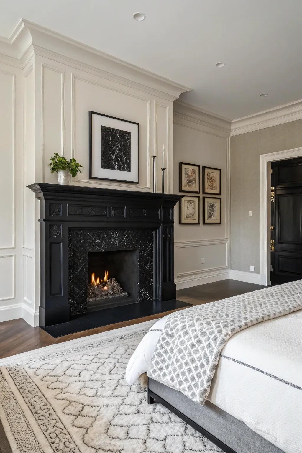 A dark hearth introduces bold drama to any bedroom.
