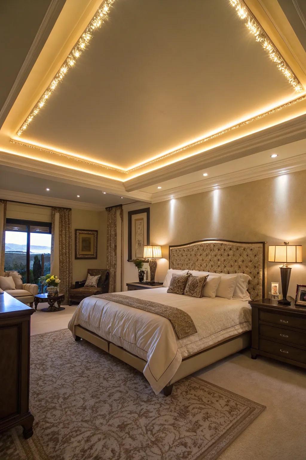 Soft lighting beautifully emphasizes the shape of your tray ceiling.