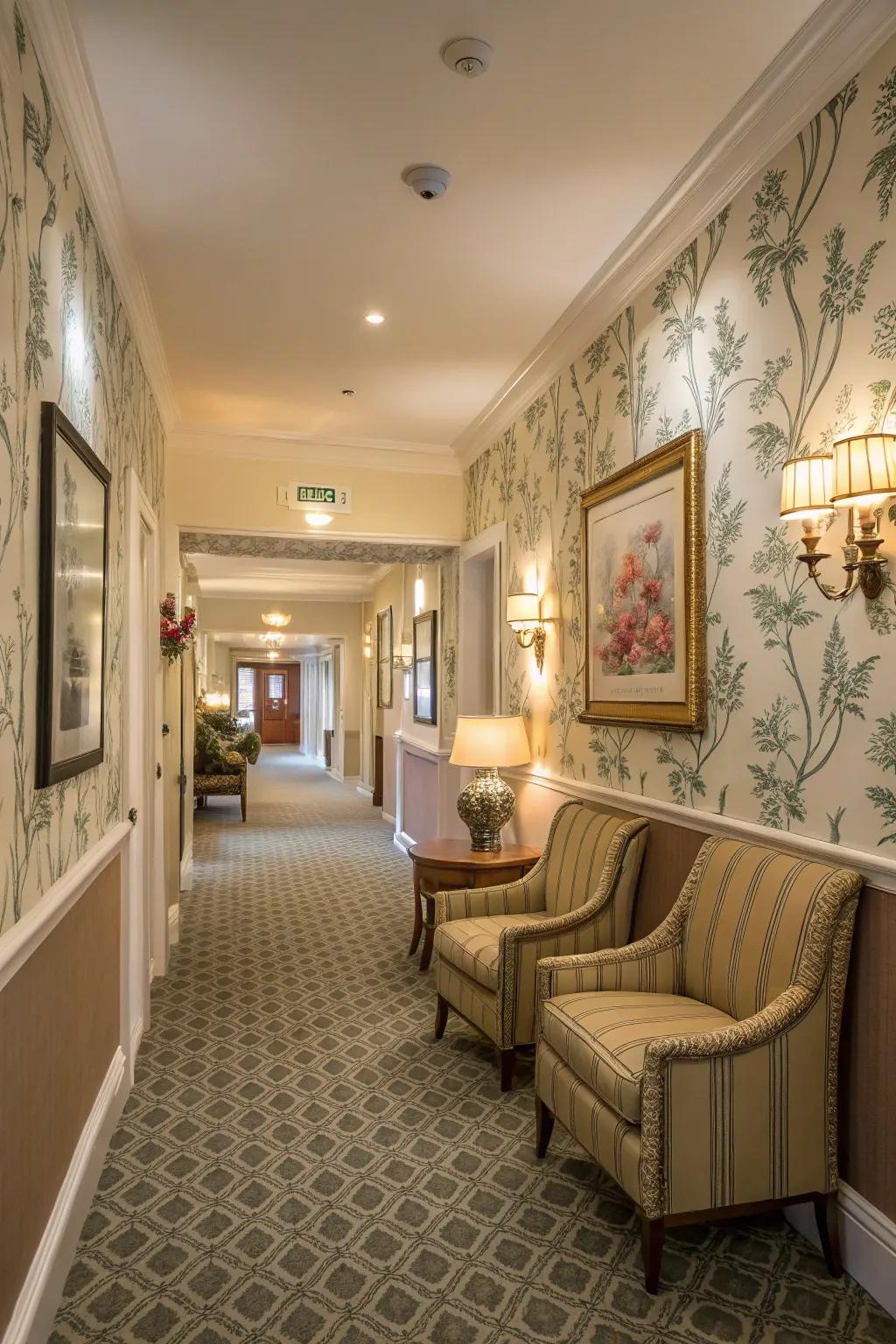 Coordinating wallpaper designs fashion a seamless transition between rooms.