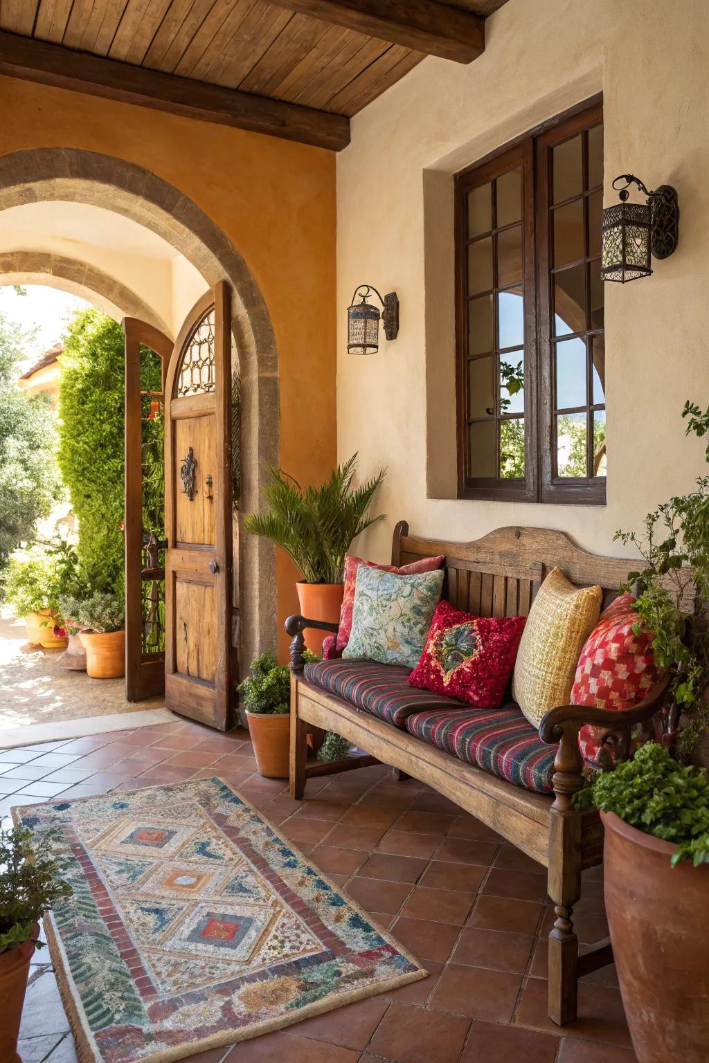 A country bench provides a welcoming seating area in a Mediterranean entry.