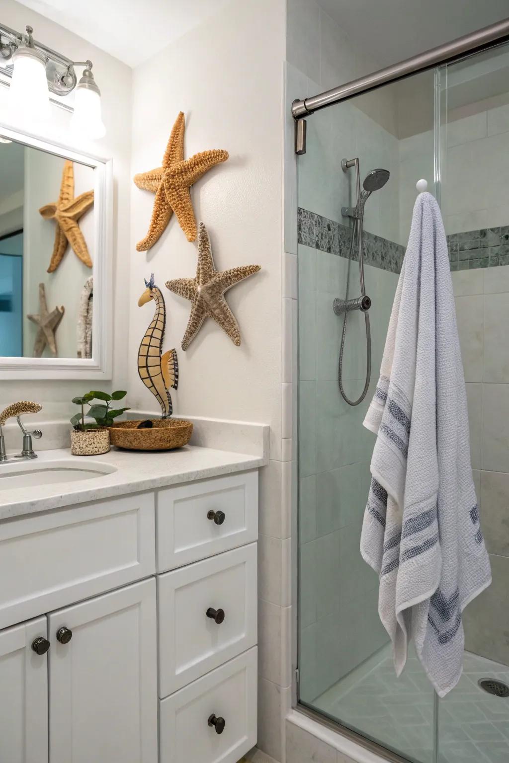 Whimsical towel hooks contribute a playful element to the decor.