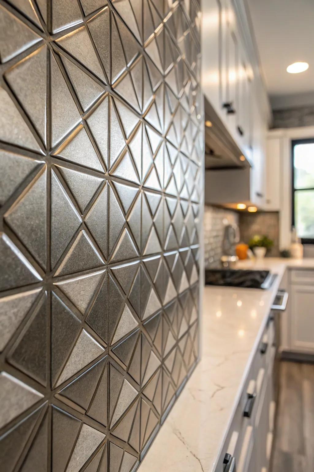 A kitchen wall featuring a special geometric metallic tile backsplash.