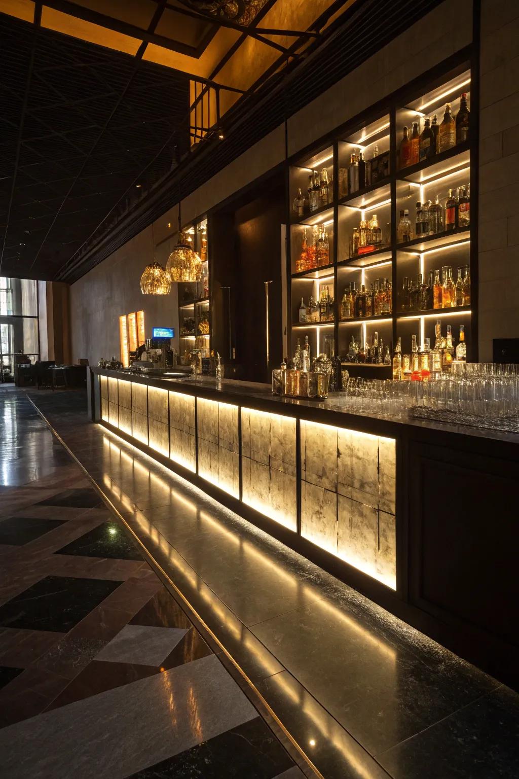 Ground illumination lends drama and depth to the mini bar.