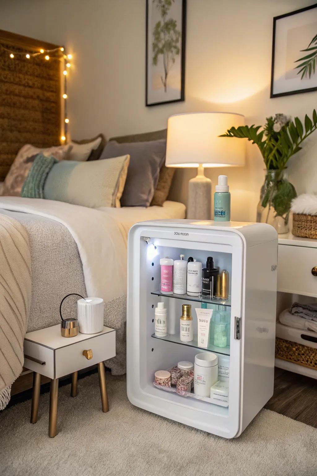 A small refrigerator filled with skincare products, establishing a spa vibe in a bedroom.