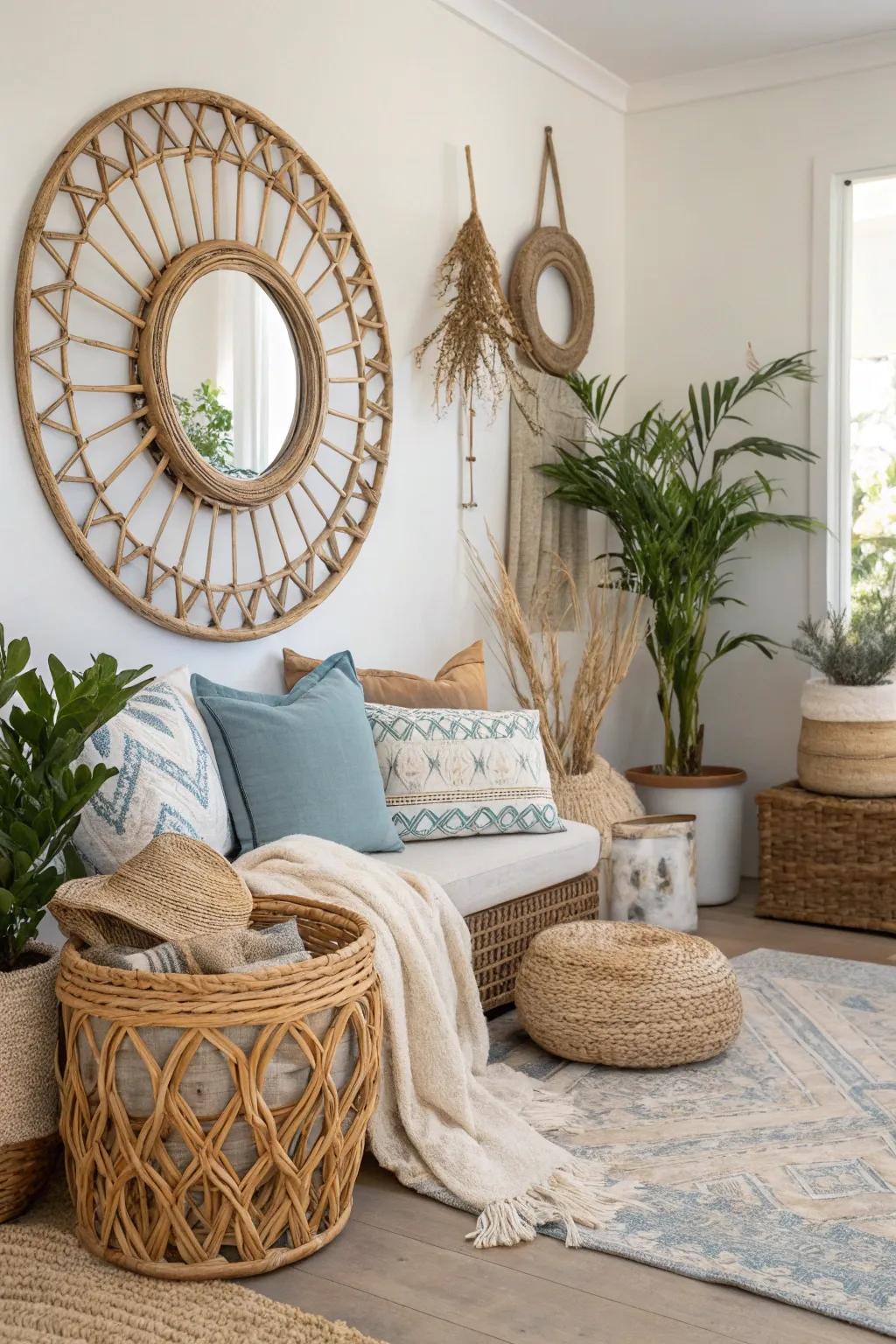 Woven mirrors bring natural warmth and texture.