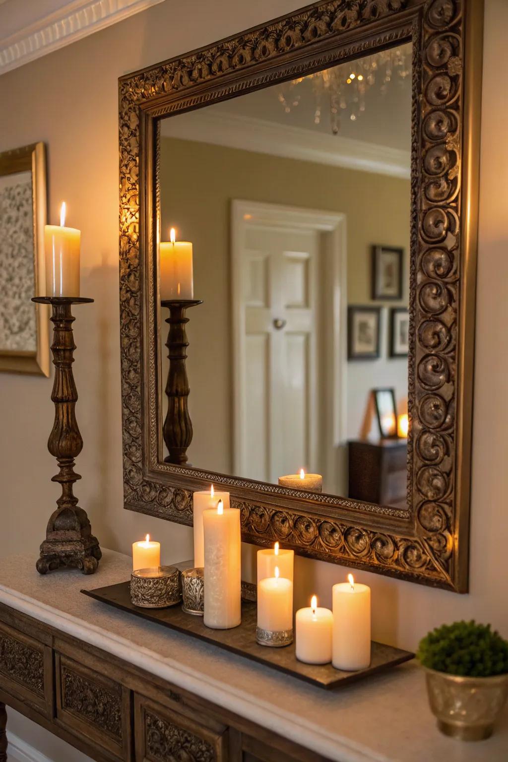 An ornamental mirror that has a light shelf for a warm, welcoming atmosphere.