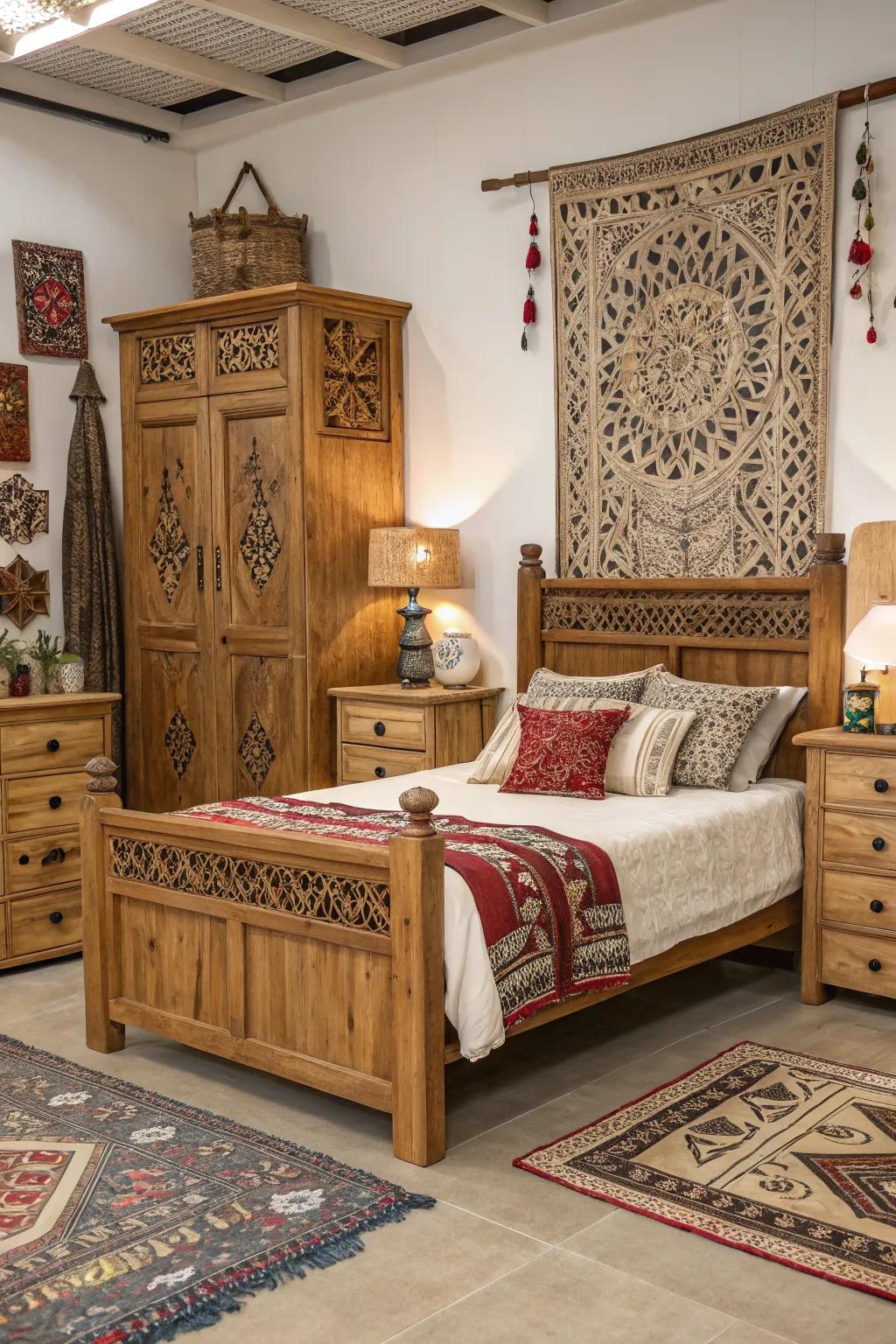 Cultural influences enhance the bedroom's design.