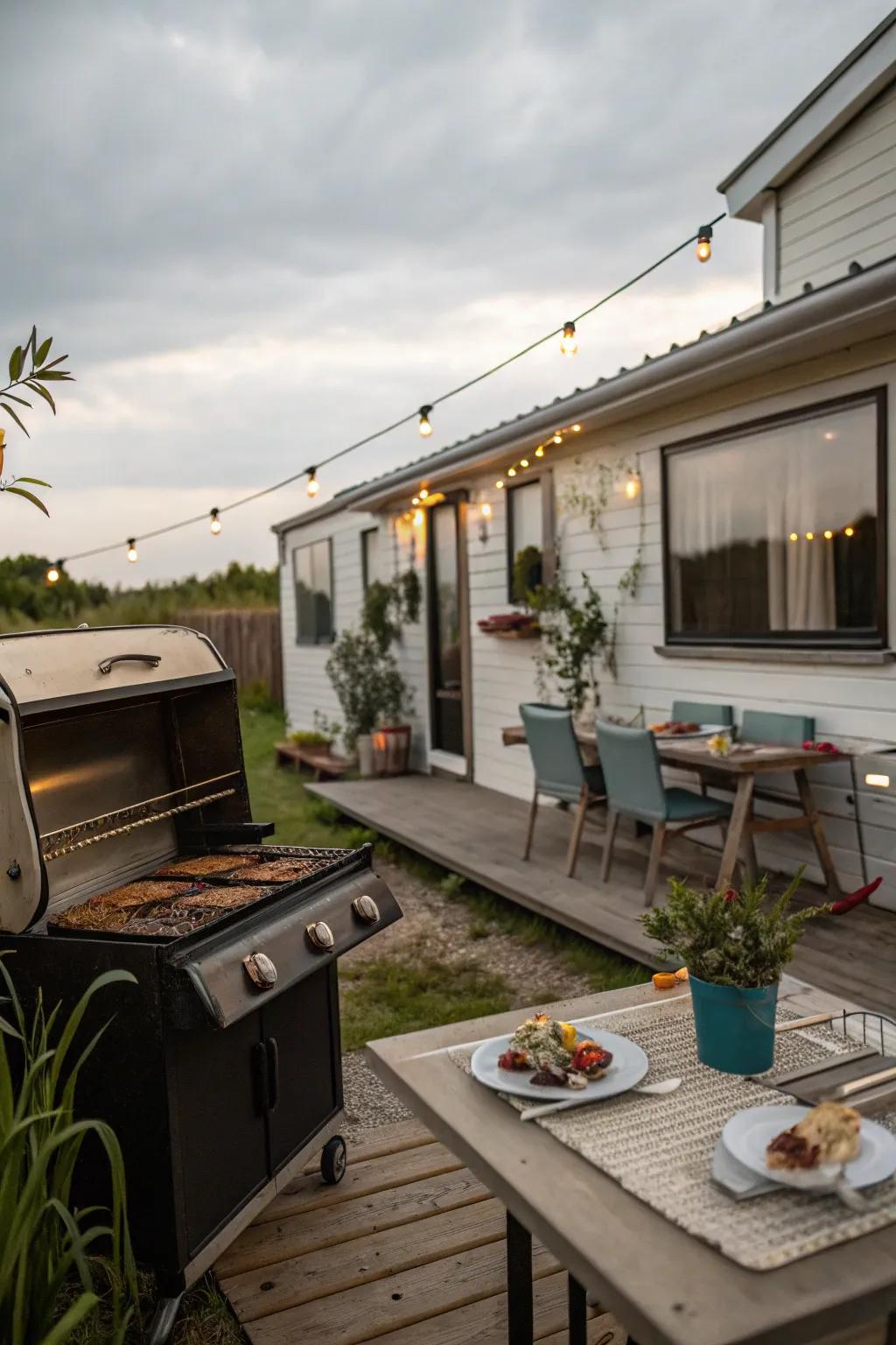 An exterior culinary space featuring a grill and dining area, enhancing outdoor cooking and dining adventures.