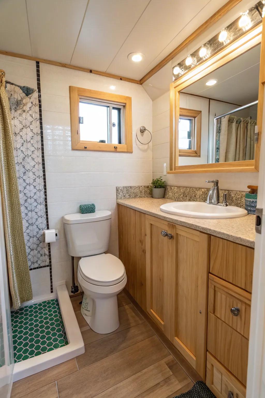 Eco-friendly fixtures and materials enhance this bathroom’s design.