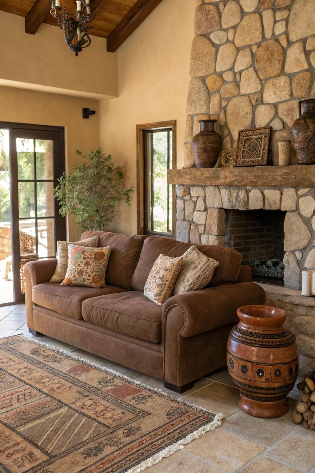 Earthy components amplify the organic vibe near the chocolate-brown sofa.