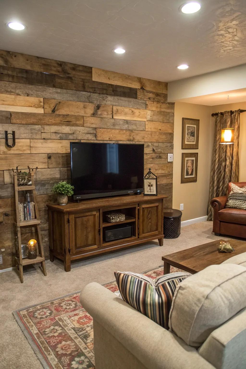 Salvaged wood adds warmth and character to the TV wall.