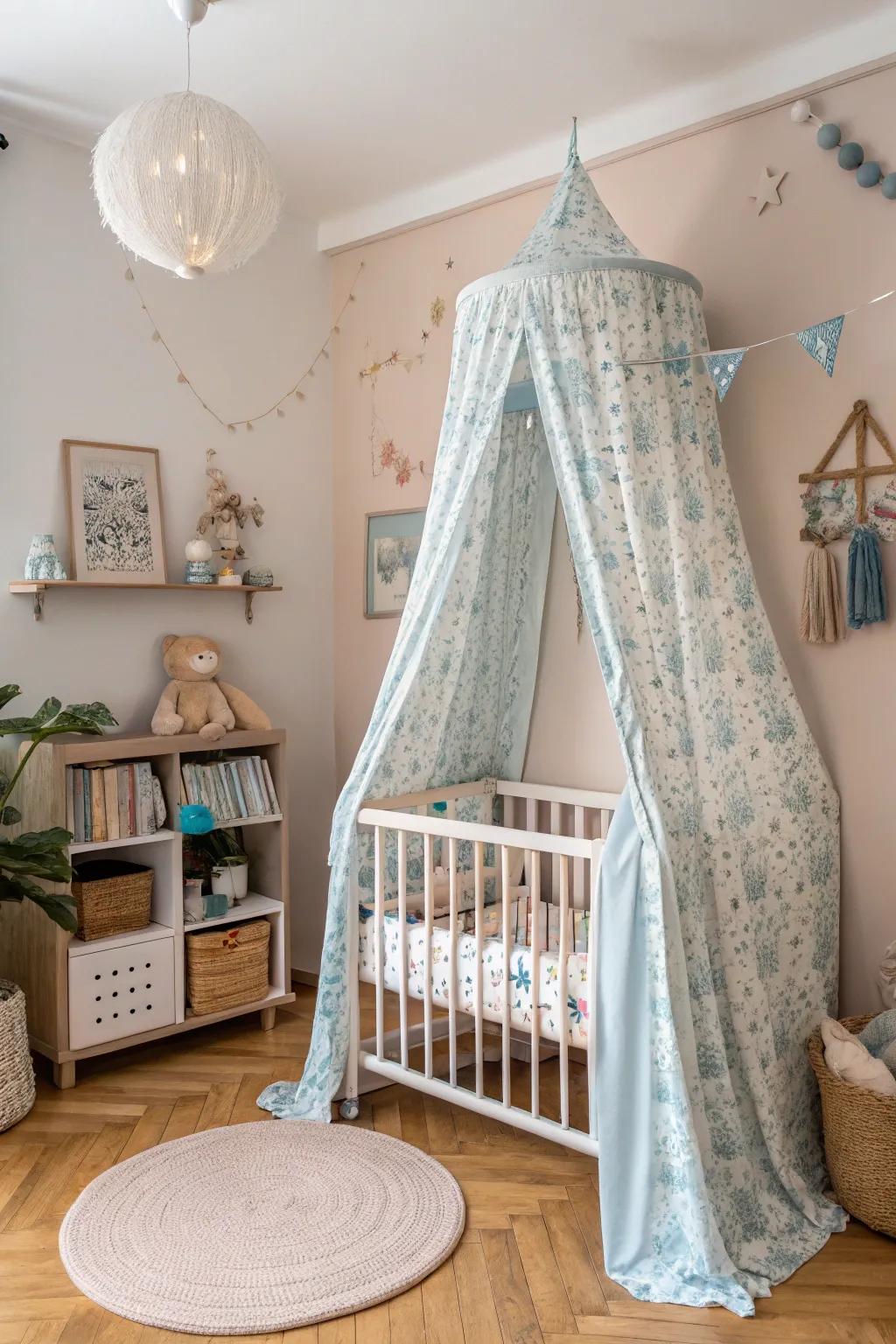 An enchanting shade contributes a magical accent to the crib.