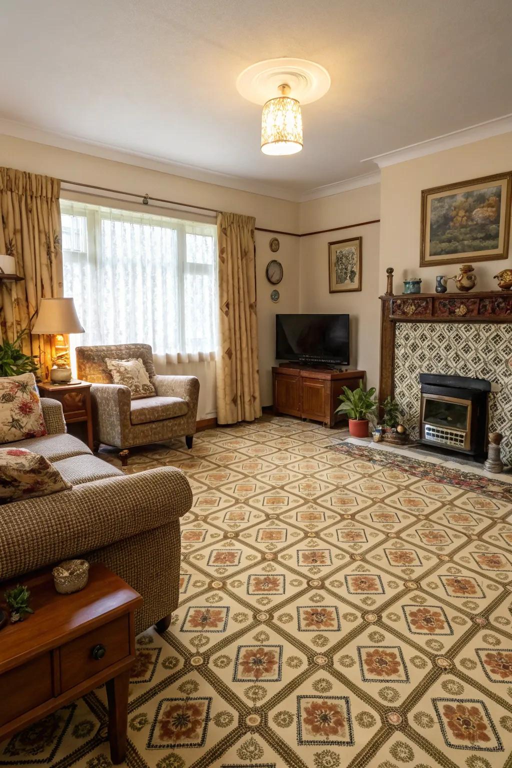 Living area with a past era patterned carpet for a touch of aged charm