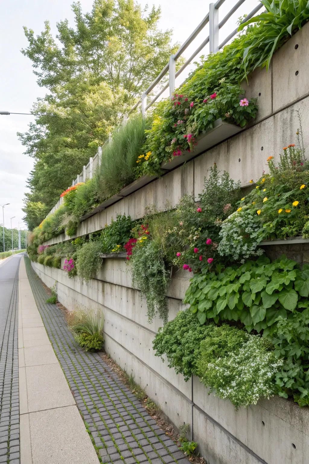 Ascending garden refining a concrete wall.