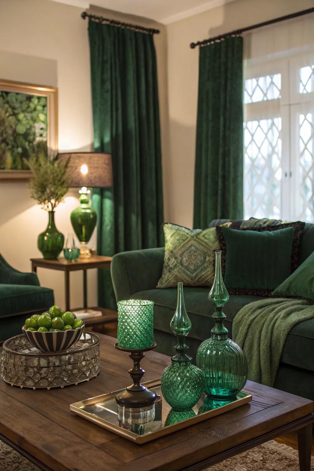 Green-tinted glass décor adds a modern twist to your living room.