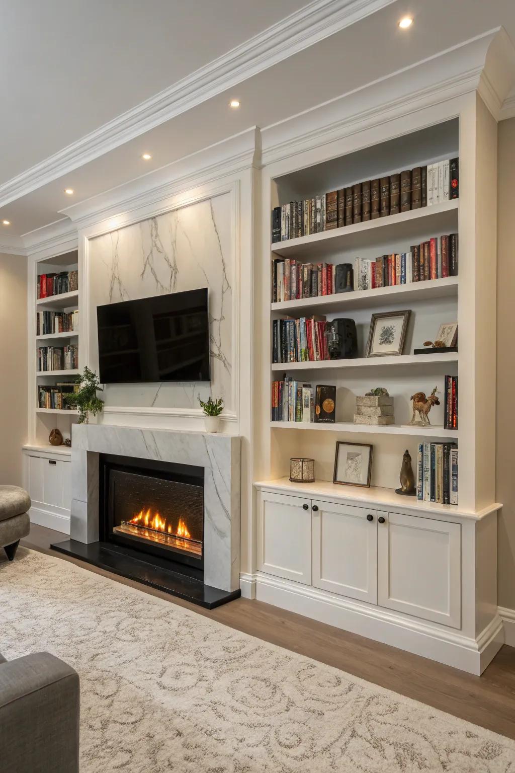 A modern living area where the electric fireplace integrates smoothly with surrounding bookshelves.