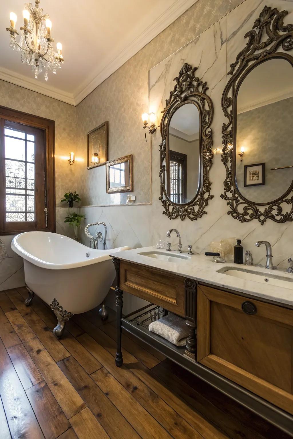 Past era decor contributes personal history to this farmhouse bathroom.