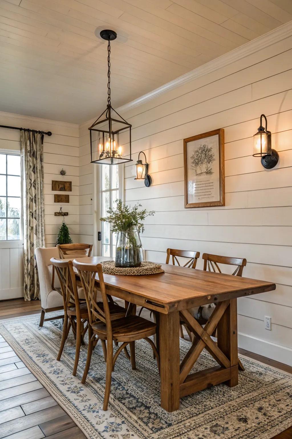 A feature wall adds texture and depth to the space.
