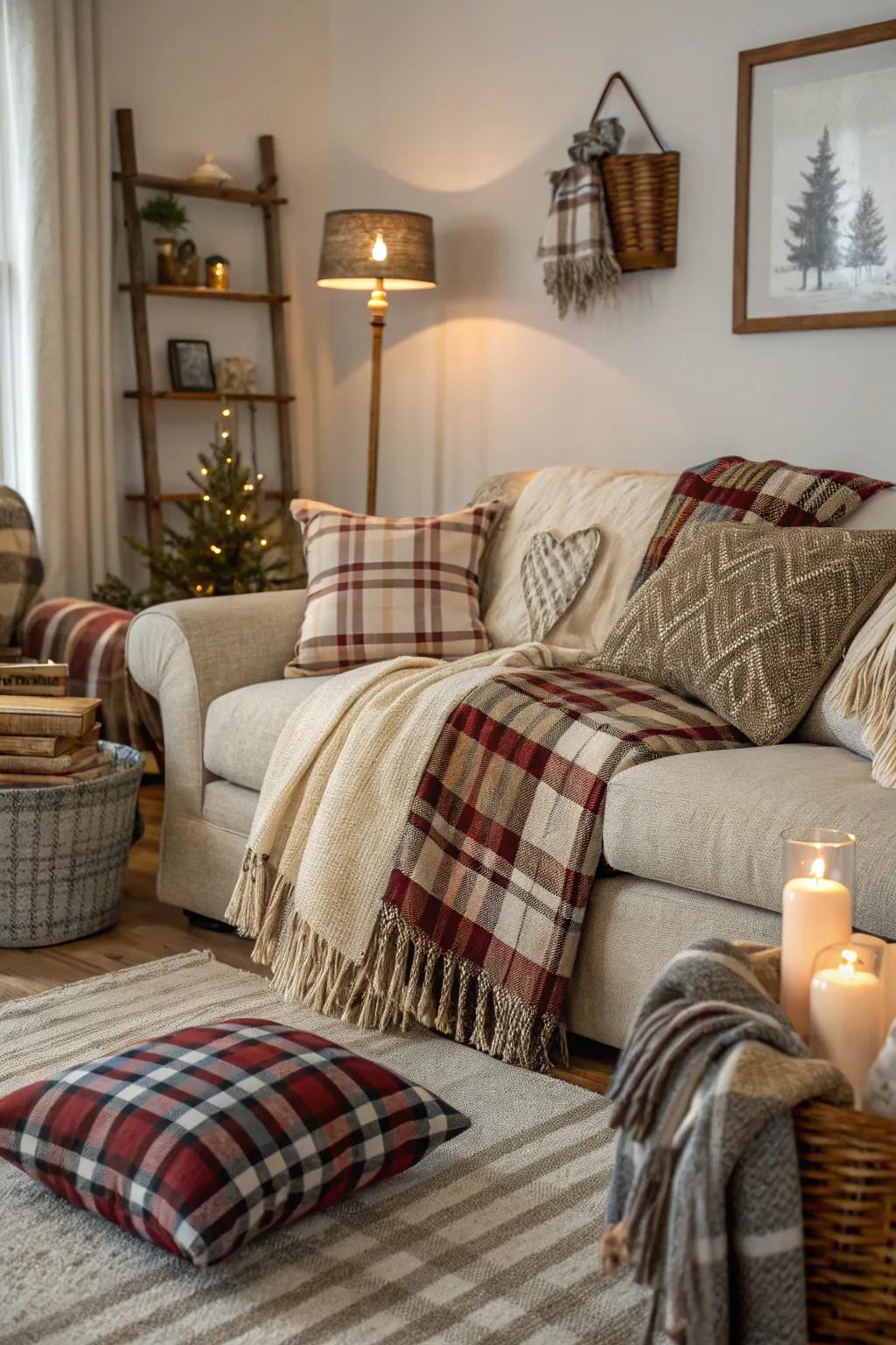 Farmhouse-inspired textiles add a classic touch to the modern living room.