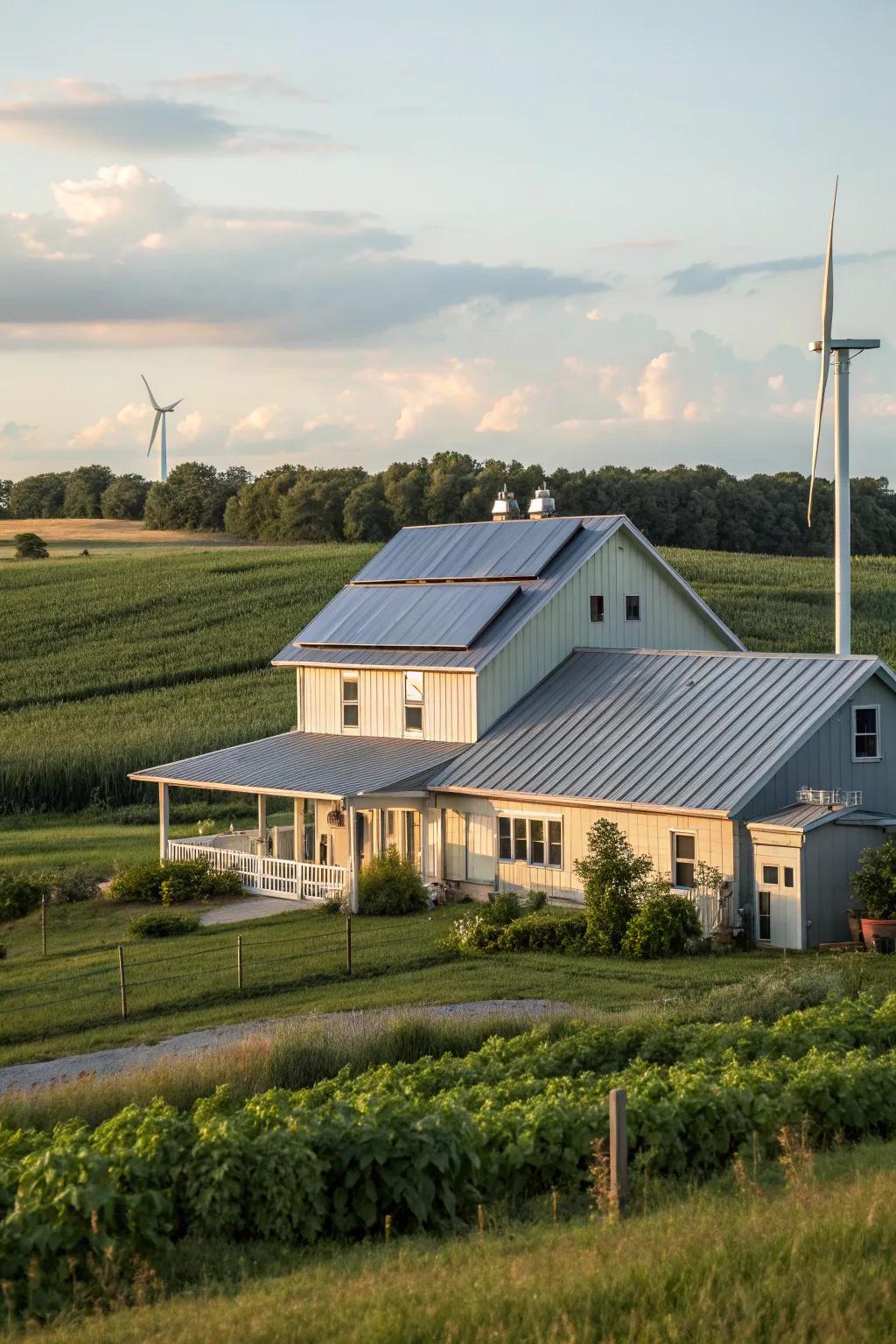 Eco-conscious design: A sustainable metal roof on a modern farmhouse.