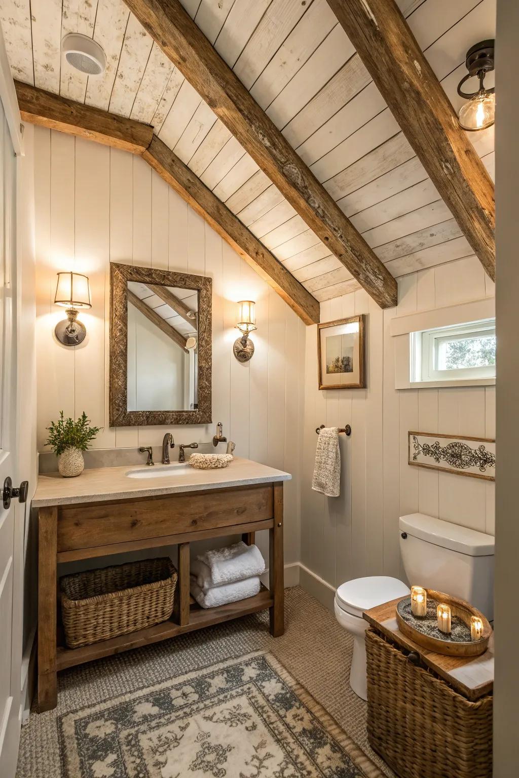 Paneled cladding ceiling featuring rustic beams within a washroom.