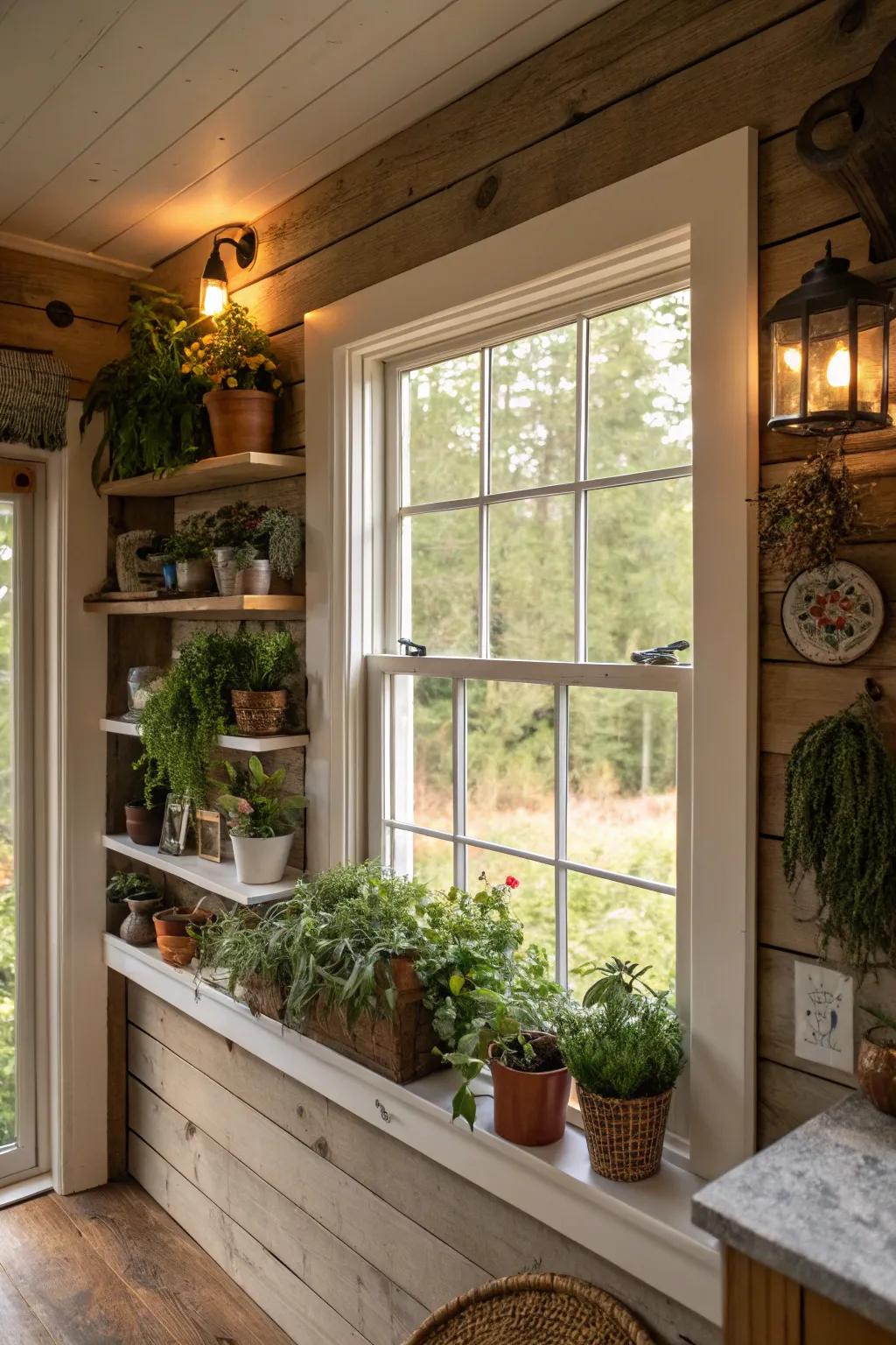 Integrated shelving with window trim adds functionality.