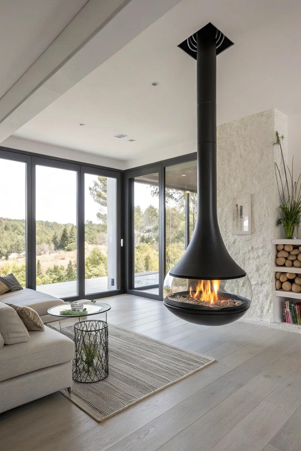A floating glass fireplace that offers a sleek and unobstructed view of the fire.