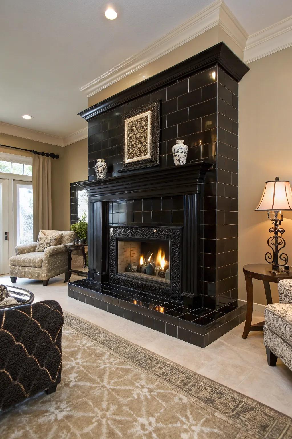 A powerful dark piece fireplace serving as a focal point.