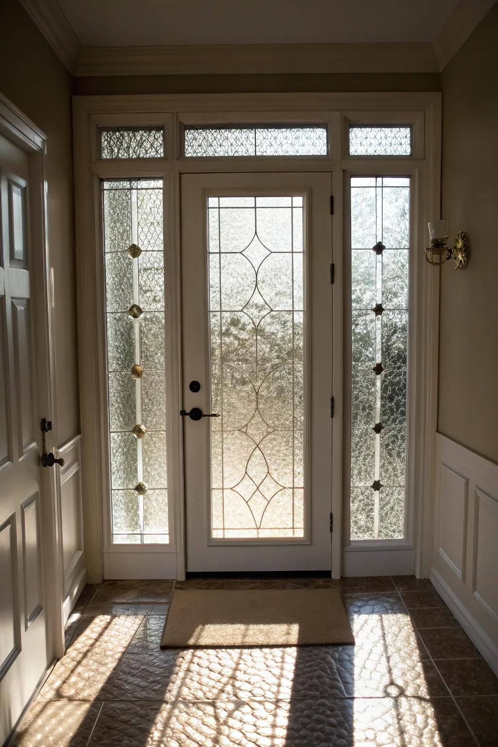 Patterned glass maintains privacy without sacrificing light.