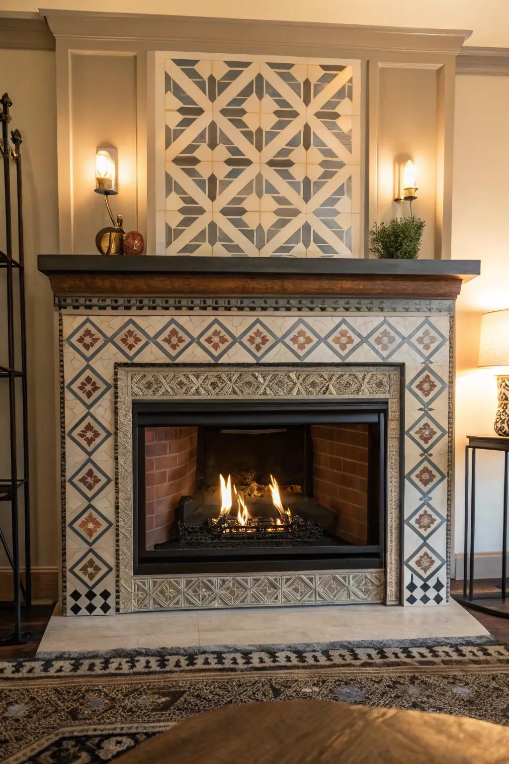 Geometric patterns introducing visual intrigue to a gas fireplace.