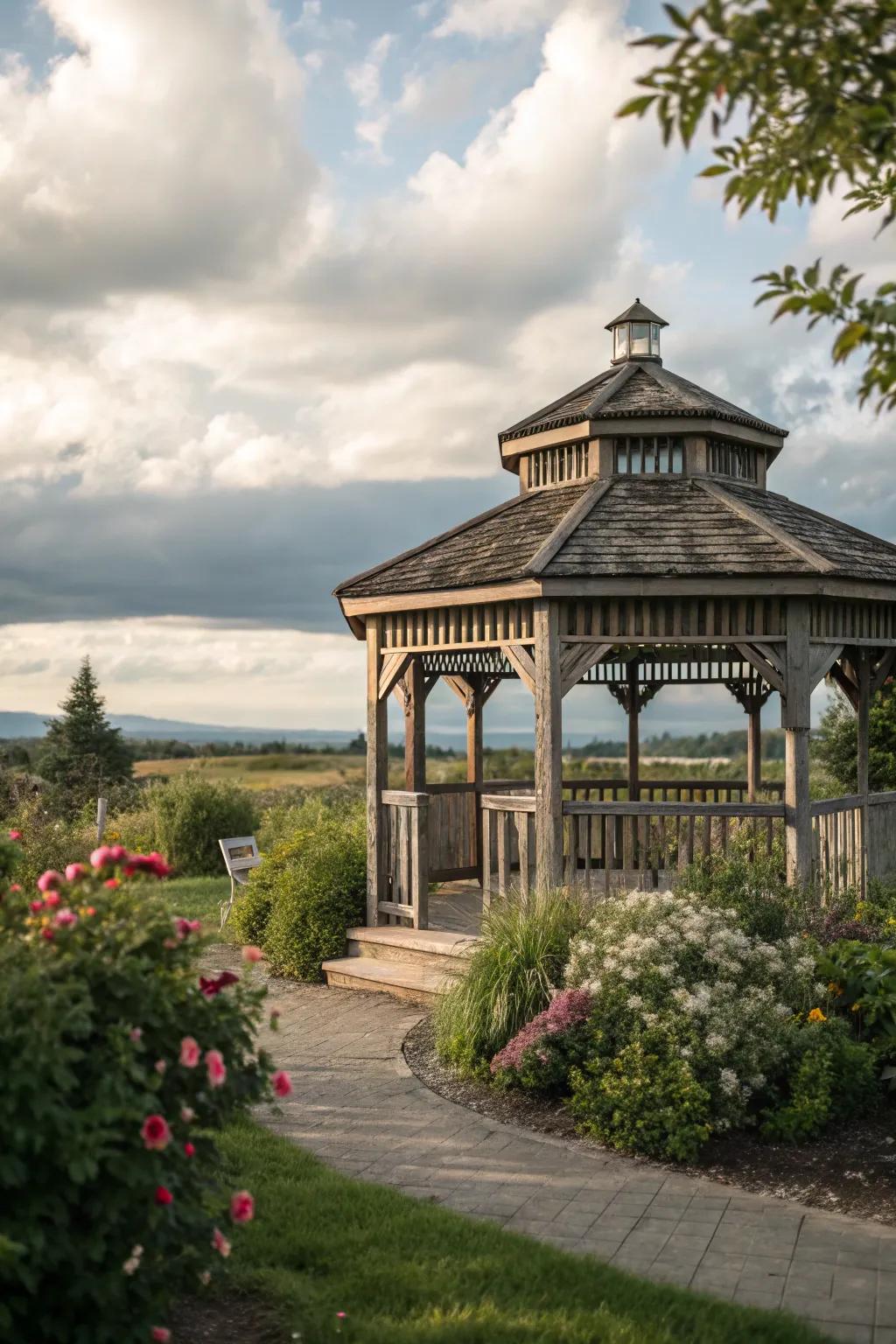 A farmhouse gazebo with a screen provides a practical and comfortable outdoor space.