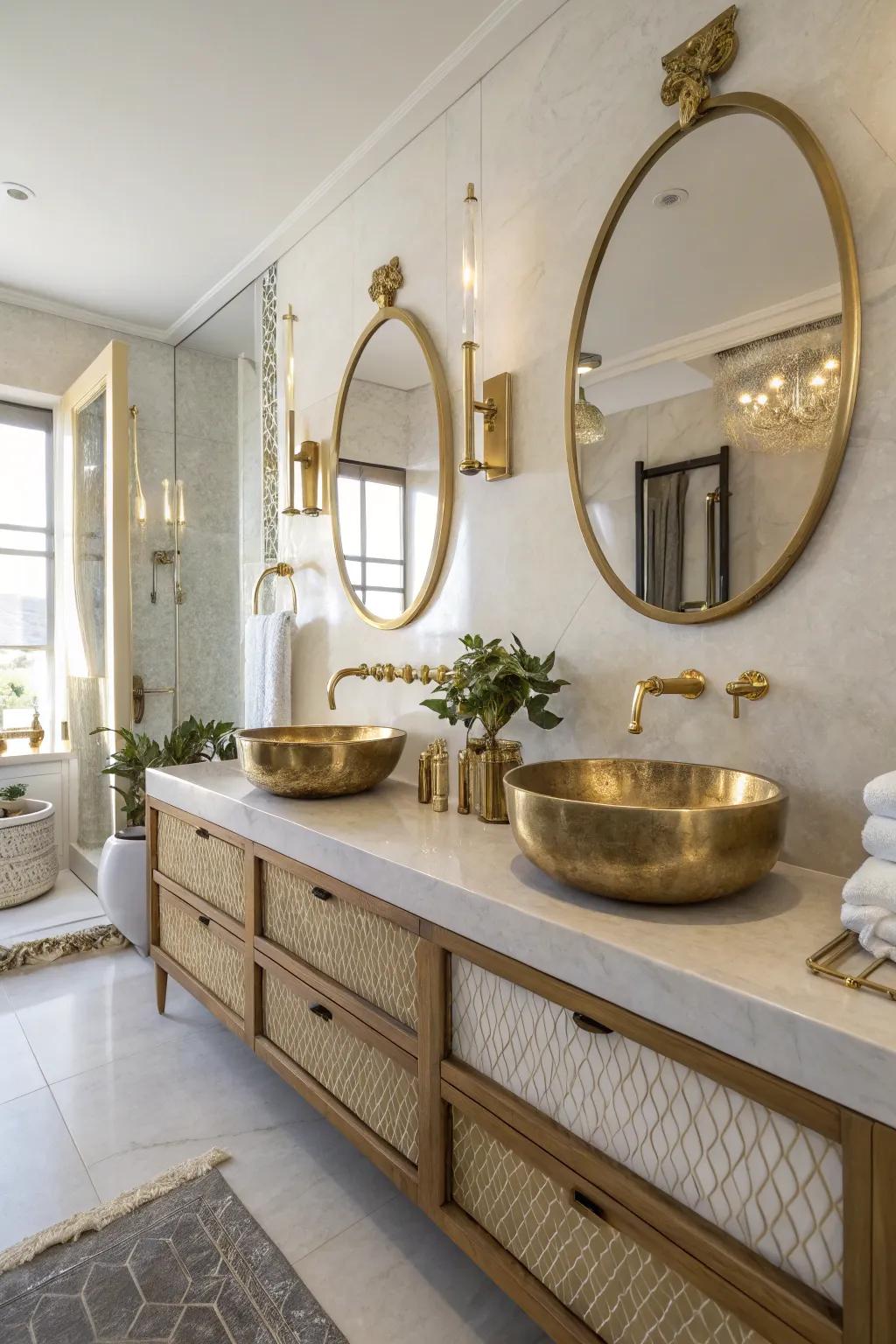 A bathroom highlighted via gilded metallic fixtures for a dash of allure.