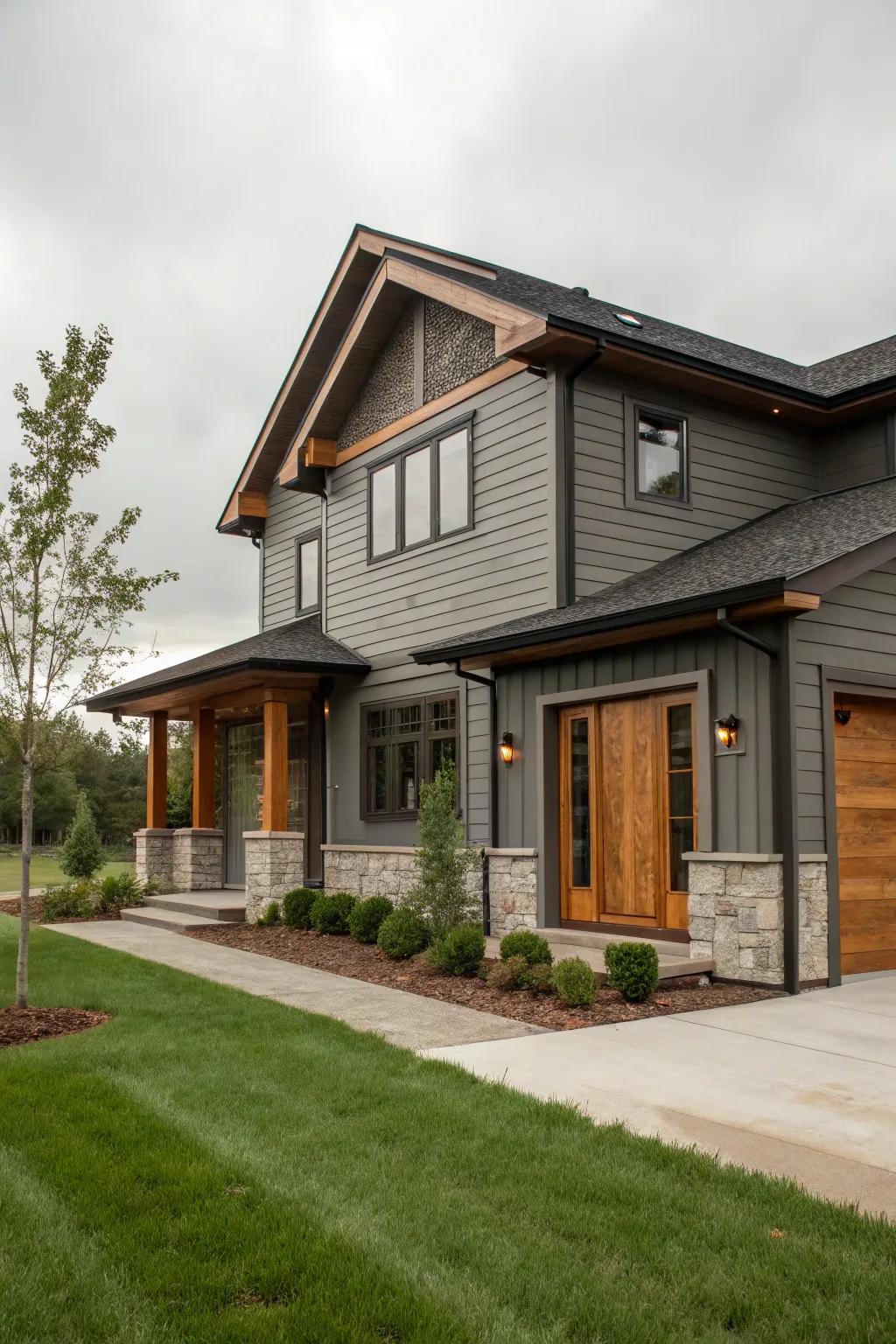 Mineral grey and ruby lumber for a rich, inviting facade.
