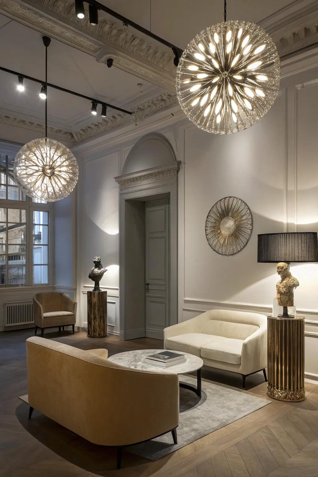 Artistic lighting transforms the atmosphere of a modern home.