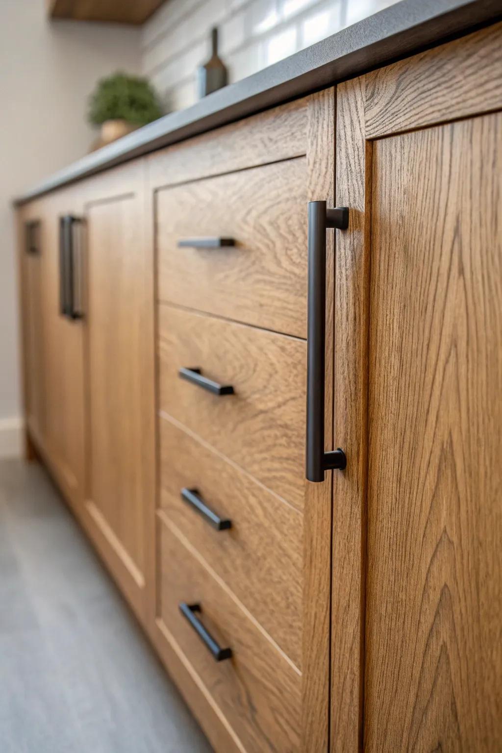 Hardware enhancement adds sophistication to kitchens with golden-toned cabinetry.
