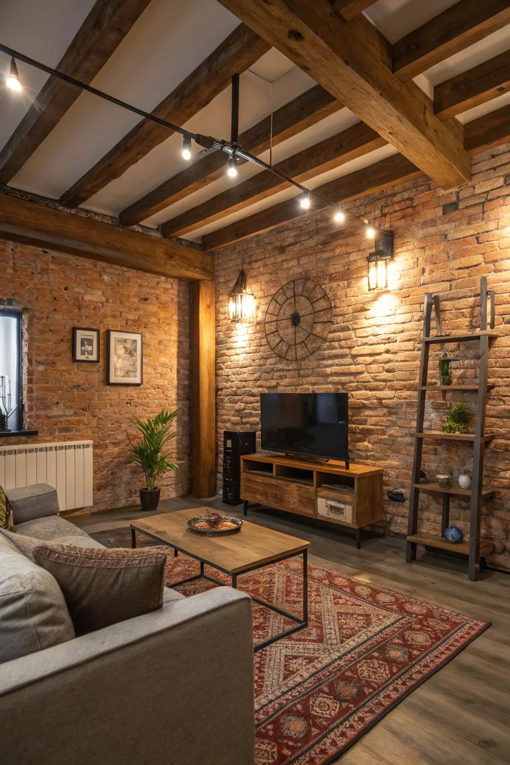 A rustic brick effect introduces texture and charm to the modern family room.