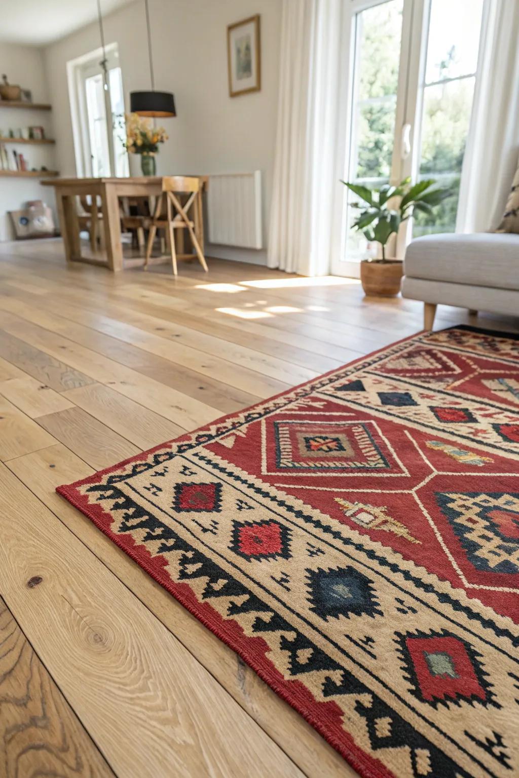Patterned rugs add depth and interest to light wood floors.