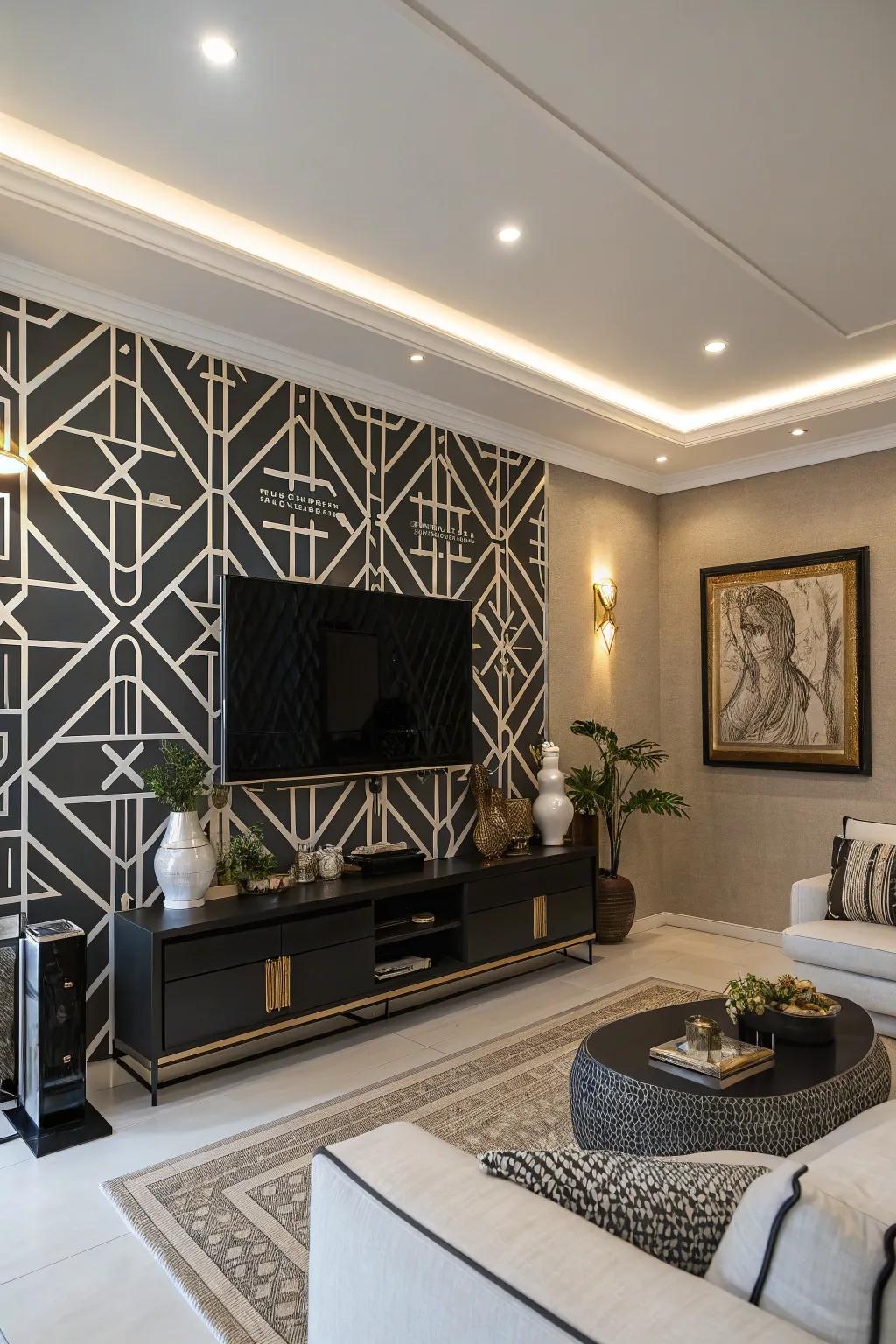 Dark and light geometric designs bring an artistic and chic touch to this living space.