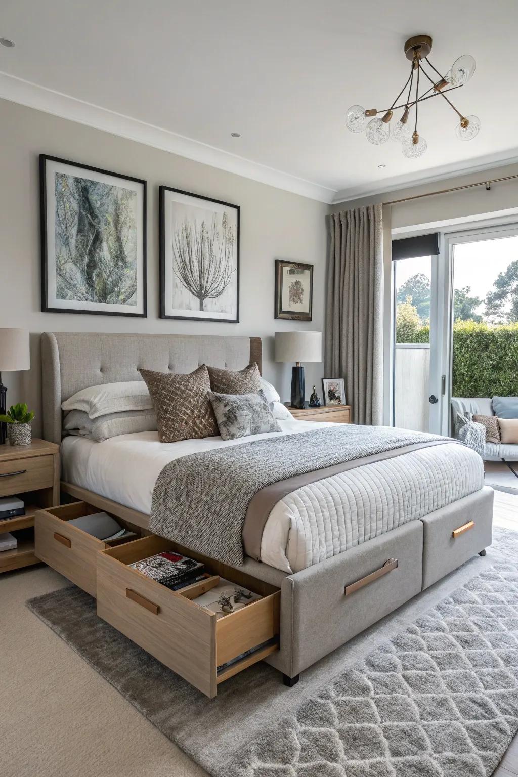 Versatile furniture optimizes space in this sleek bedroom.