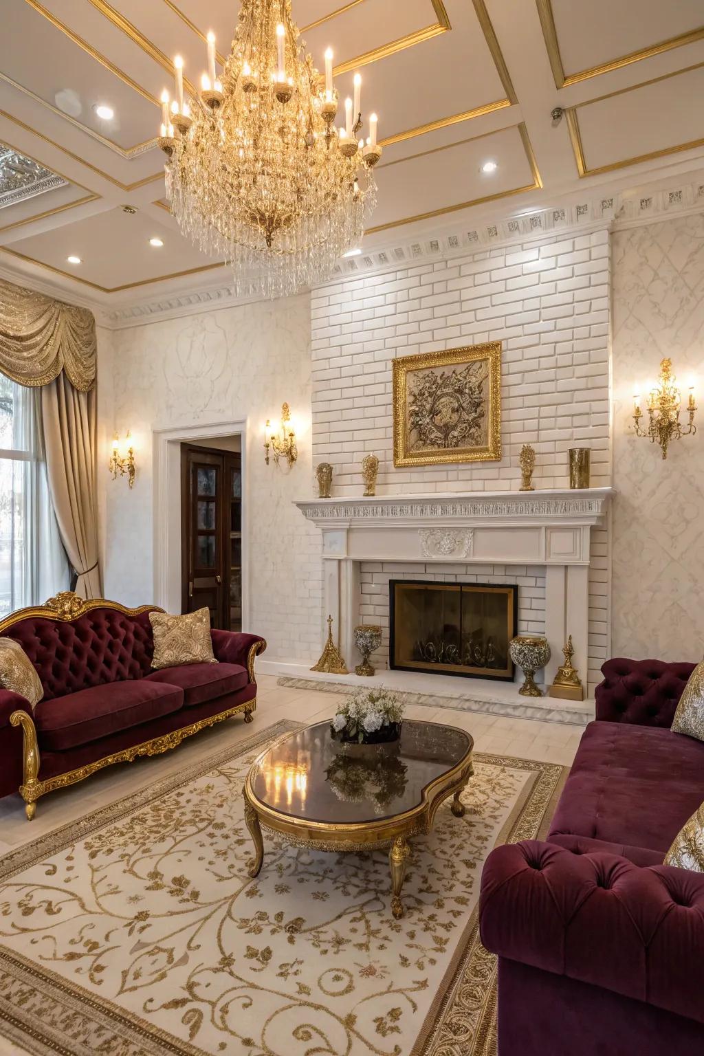 Gilded accents contribute luxury to a painted brick fireplace.
