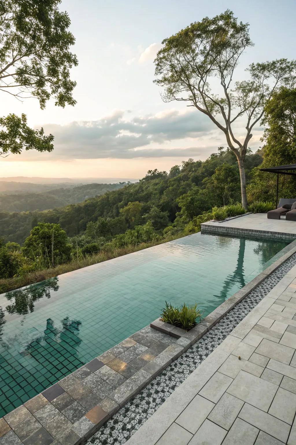 Environmentally friendly tiling contribute to a sustainable pool layout.