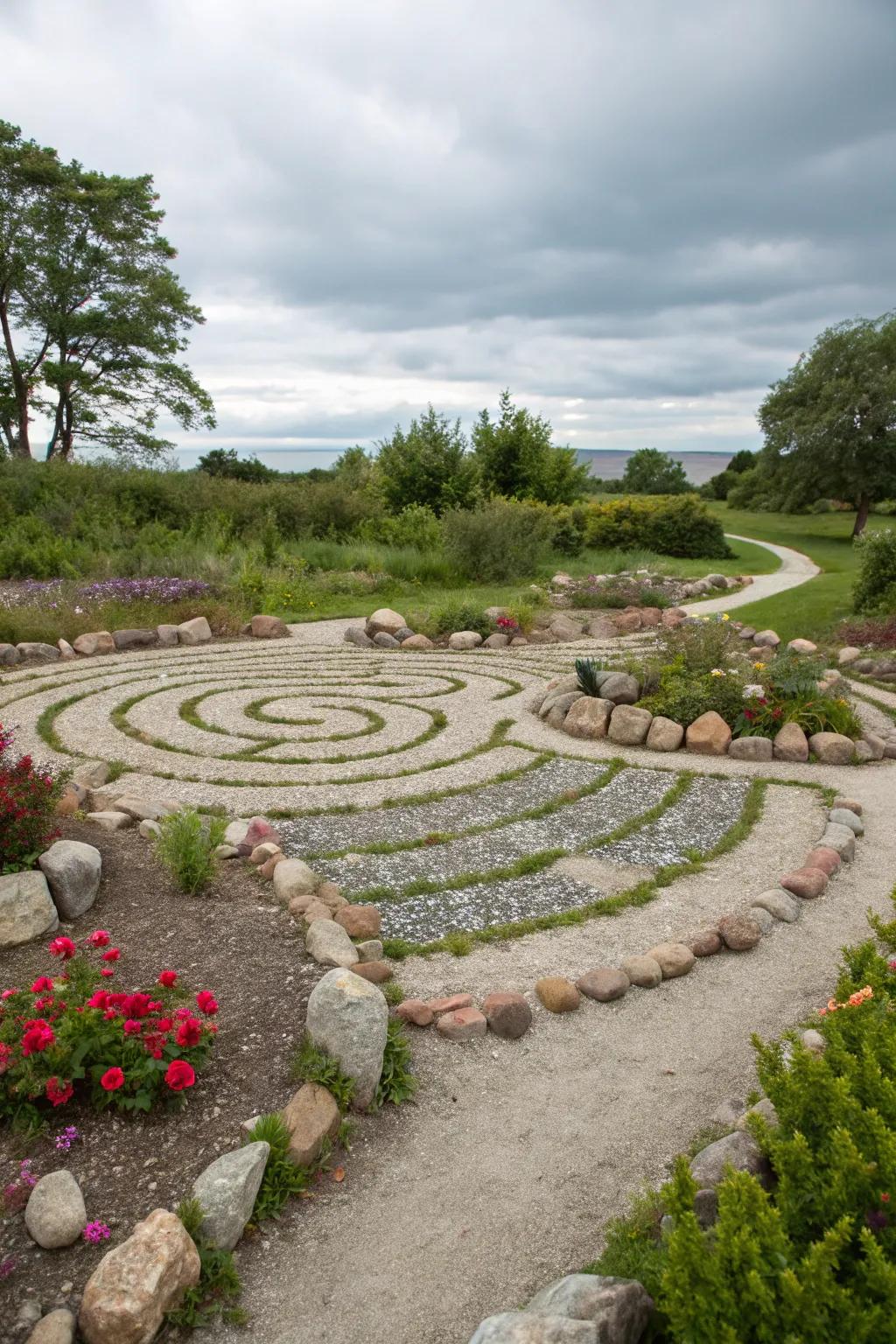 A stone labyrinth offers a path for meditation and reflection.